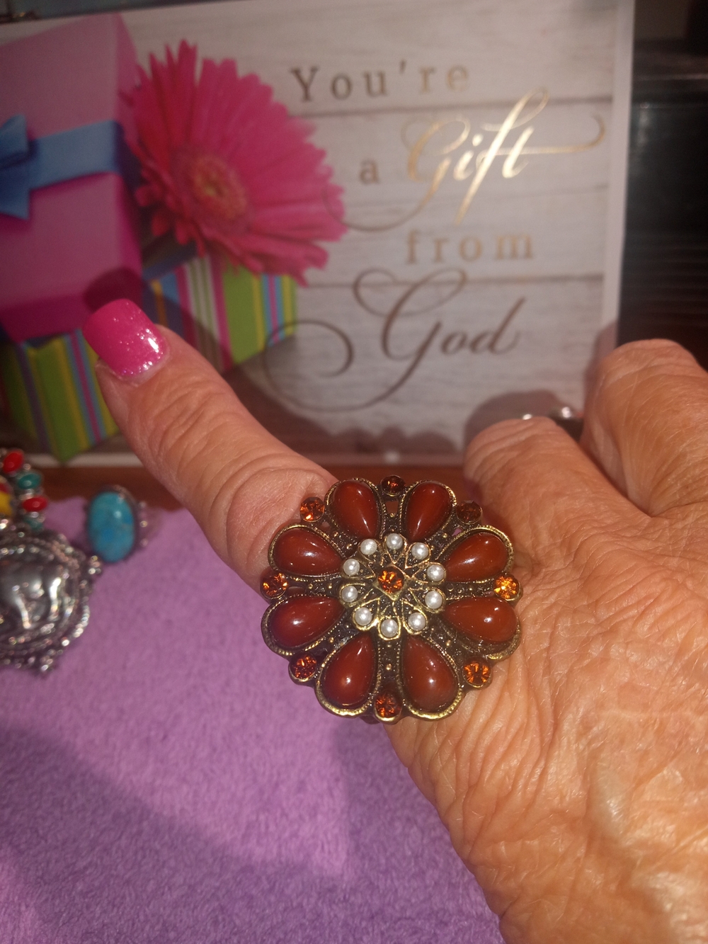 Vintage-Inspired Brown Floral Statement Ring - Unbranded